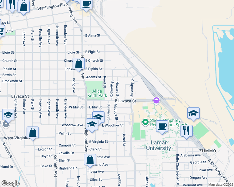 map of restaurants, bars, coffee shops, grocery stores, and more near 4010 Howard Street in Beaumont