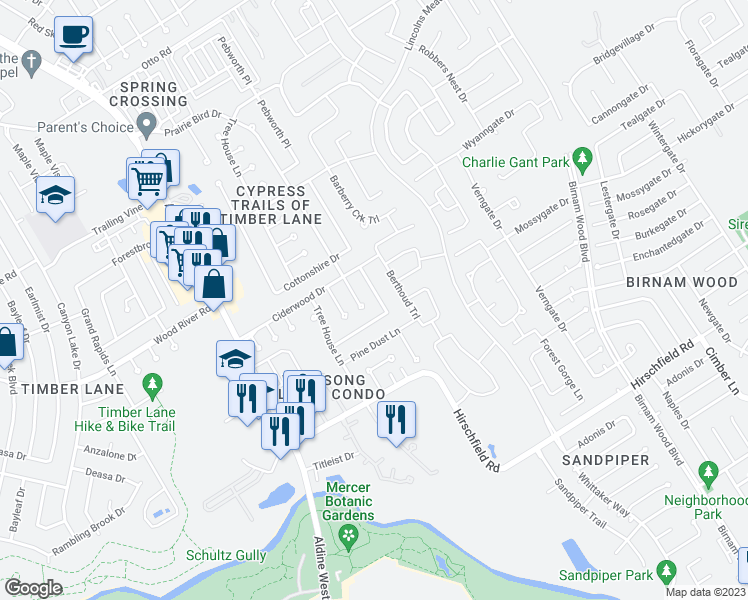 map of restaurants, bars, coffee shops, grocery stores, and more near 22819 Pebworth Place in Spring