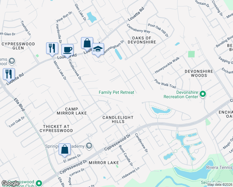 map of restaurants, bars, coffee shops, grocery stores, and more near 19417 Haude Road in Spring