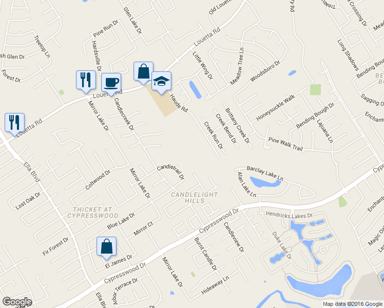 map of restaurants, bars, coffee shops, grocery stores, and more near 19417 Haude Road in Spring