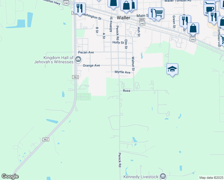 map of restaurants, bars, coffee shops, grocery stores, and more near 18803 Penick Rd in Waller