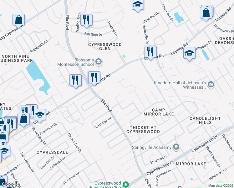map of restaurants, bars, coffee shops, grocery stores, and more near 3406 Cypressdale Court in Spring