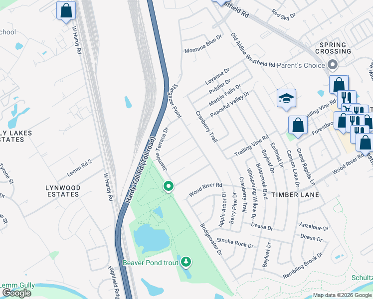 map of restaurants, bars, coffee shops, grocery stores, and more near 2135 Beacon Park Court in Spring