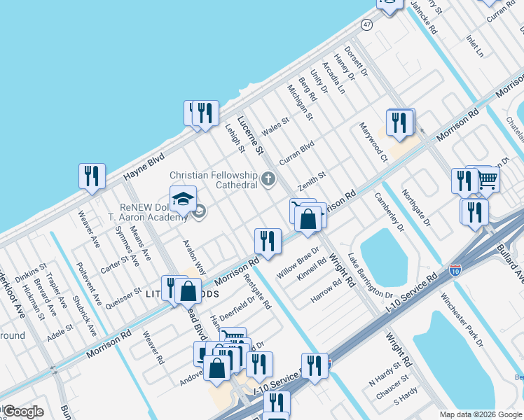 map of restaurants, bars, coffee shops, grocery stores, and more near 7626 Lafourche Street in New Orleans