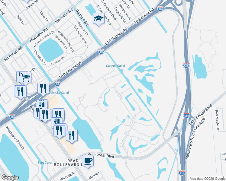 map of restaurants, bars, coffee shops, grocery stores, and more near 6021 Eastover Drive in New Orleans