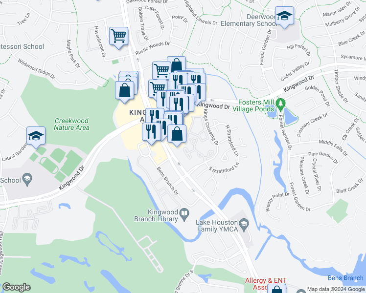 map of restaurants, bars, coffee shops, grocery stores, and more near 2815 Kings Crossing Drive in Humble