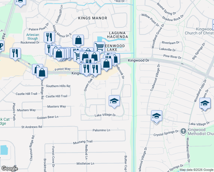 map of restaurants, bars, coffee shops, grocery stores, and more near 1706 Sandy Trail Court in Humble