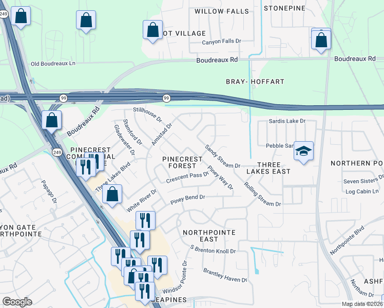 map of restaurants, bars, coffee shops, grocery stores, and more near 12102 Oxford Trails Drive in Tomball