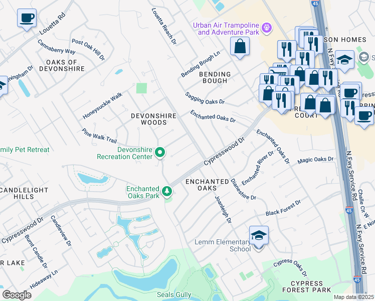 map of restaurants, bars, coffee shops, grocery stores, and more near 515 Enchanted Lane in Spring