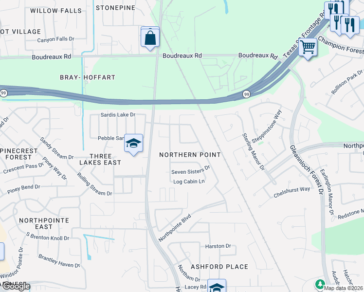 map of restaurants, bars, coffee shops, grocery stores, and more near 11402 Granite Rock Lane in Tomball