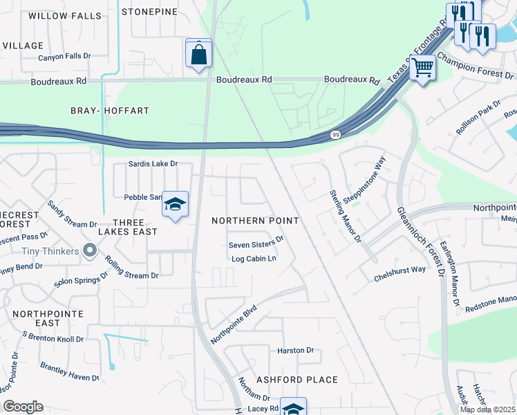 map of restaurants, bars, coffee shops, grocery stores, and more near 11402 Granite Rock Lane in Tomball