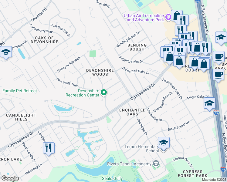 map of restaurants, bars, coffee shops, grocery stores, and more near 523 Pine Walk Trail in Spring