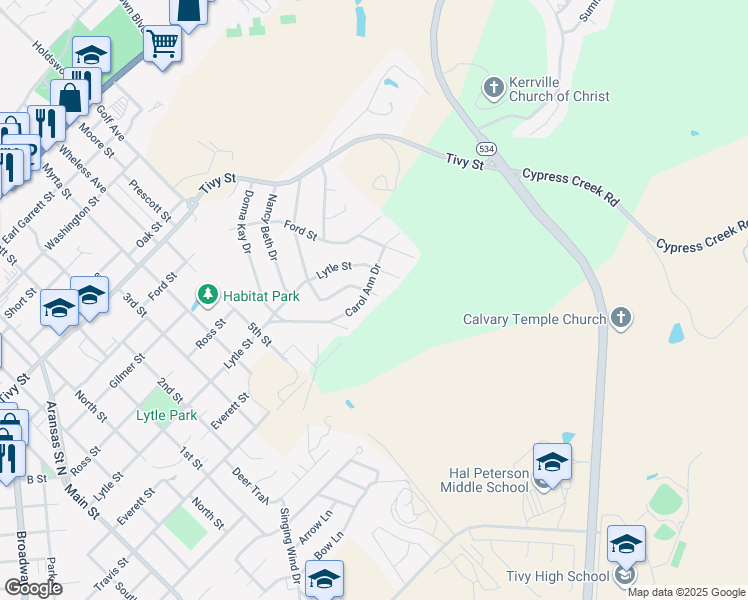 map of restaurants, bars, coffee shops, grocery stores, and more near 1315 Carol Ann Drive in Kerrville