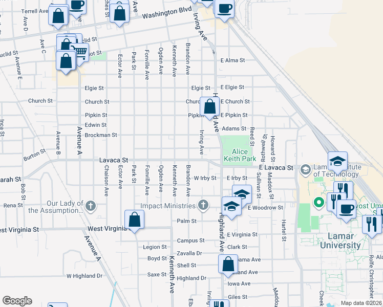 map of restaurants, bars, coffee shops, grocery stores, and more near 629 Nolan Street in Beaumont