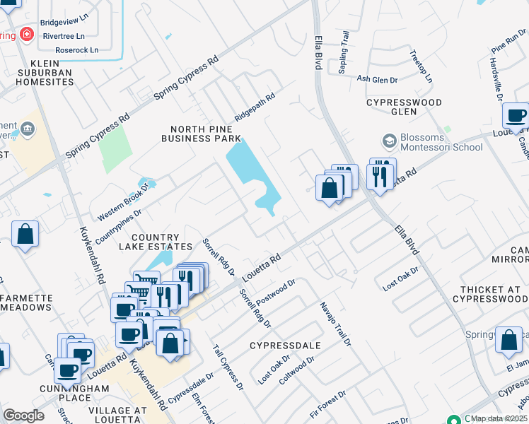 map of restaurants, bars, coffee shops, grocery stores, and more near 19406 Lakeside View Drive in Spring