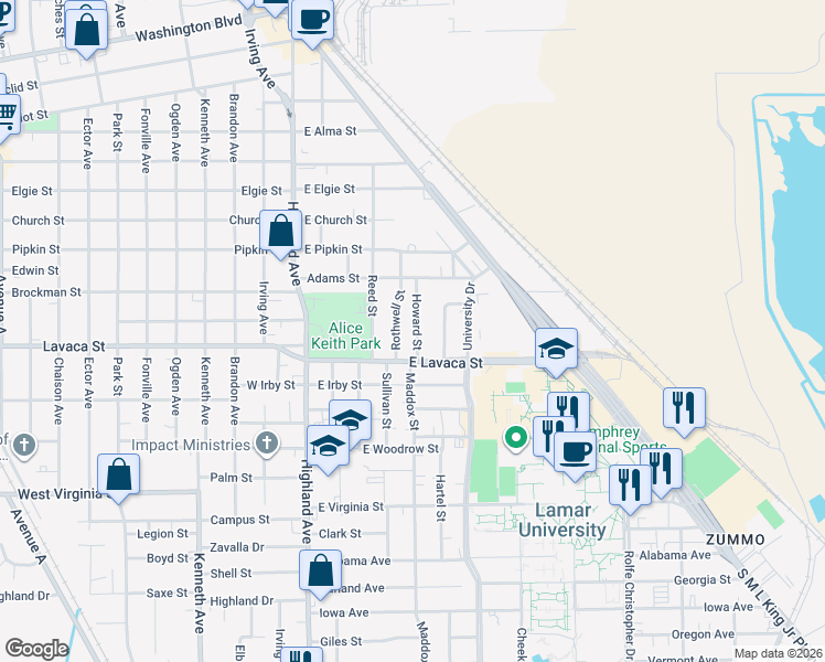 map of restaurants, bars, coffee shops, grocery stores, and more near 4020 Howard Street in Beaumont