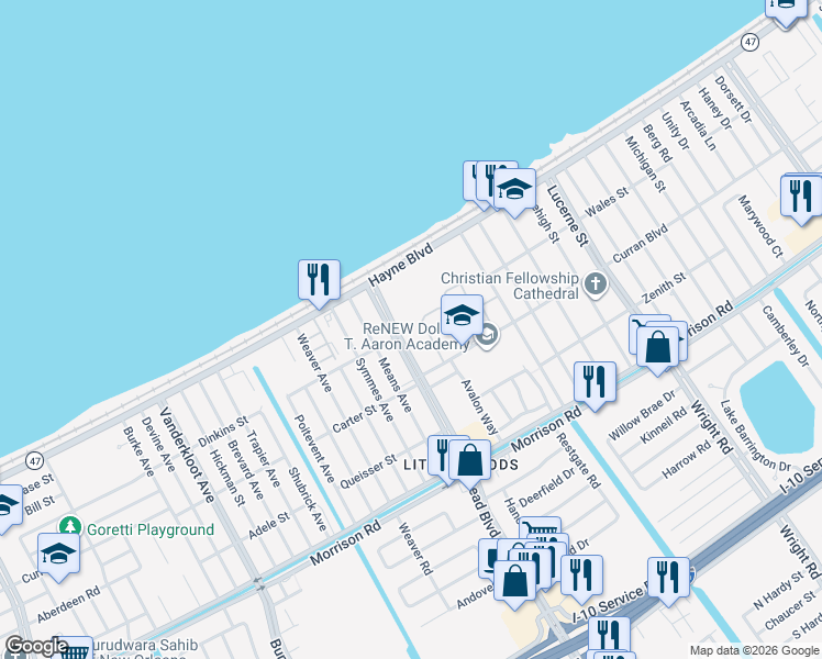 map of restaurants, bars, coffee shops, grocery stores, and more near 7901 Read Boulevard in New Orleans