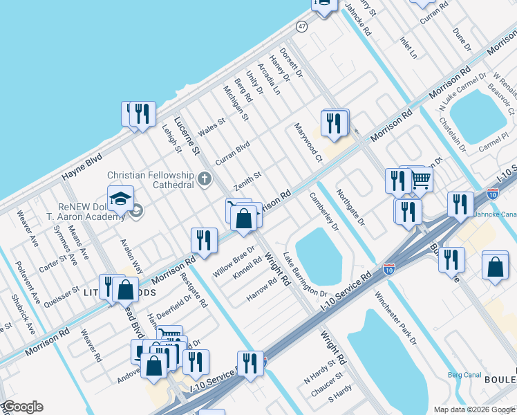 map of restaurants, bars, coffee shops, grocery stores, and more near 1120 Morrison Road in New Orleans