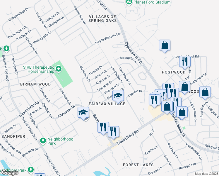 map of restaurants, bars, coffee shops, grocery stores, and more near 5007 Fitzwater Drive in Spring
