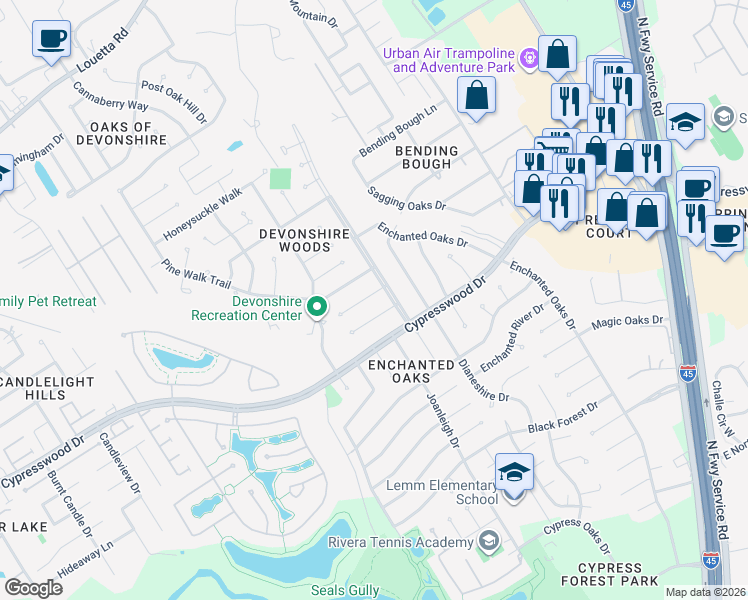 map of restaurants, bars, coffee shops, grocery stores, and more near 503 Enchanted Lane in Spring