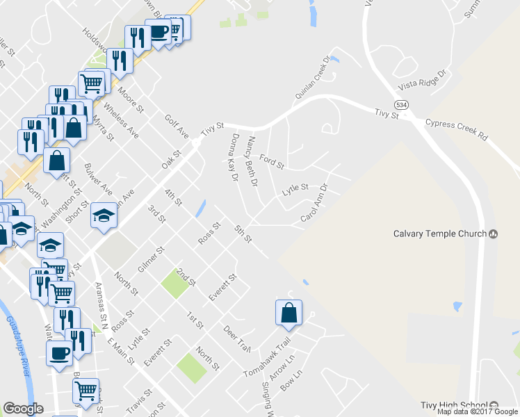 map of restaurants, bars, coffee shops, grocery stores, and more near 1203 Lytle Street in Kerrville