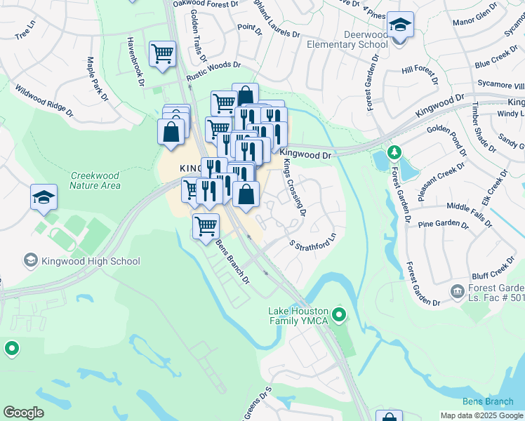 map of restaurants, bars, coffee shops, grocery stores, and more near 2815 Kings Crossing Drive in Humble