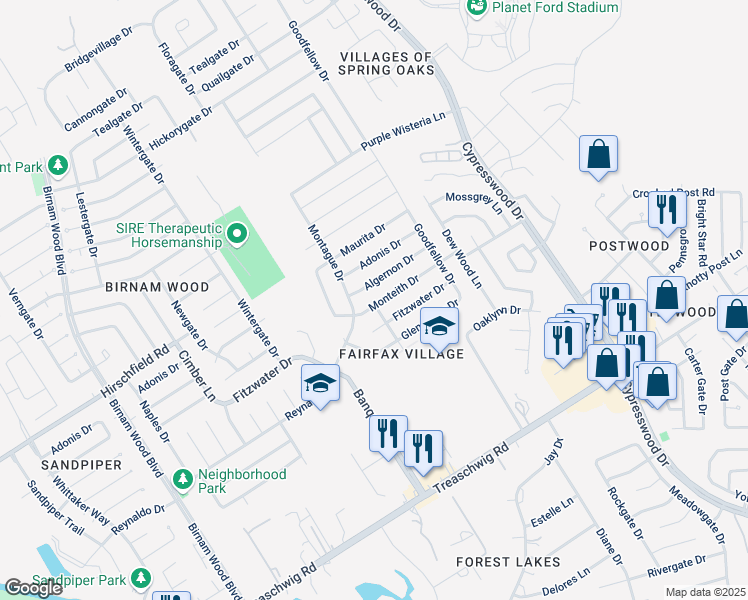map of restaurants, bars, coffee shops, grocery stores, and more near 4819 Monteith Drive in Spring