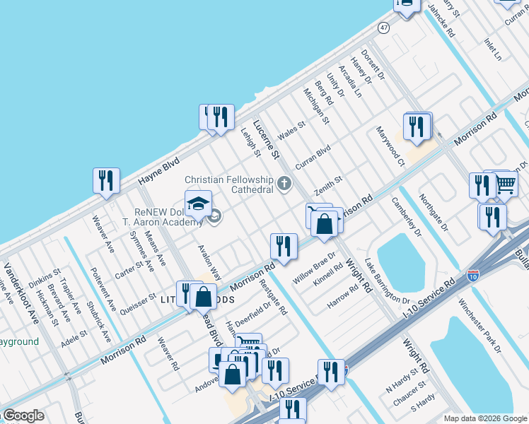 map of restaurants, bars, coffee shops, grocery stores, and more near 7626 Lafourche Street in New Orleans