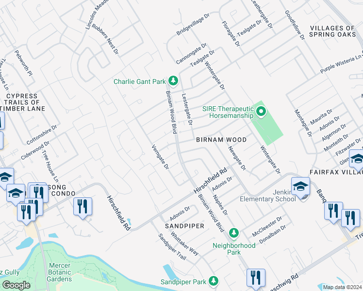 map of restaurants, bars, coffee shops, grocery stores, and more near 4302 Chestergate Drive in Spring