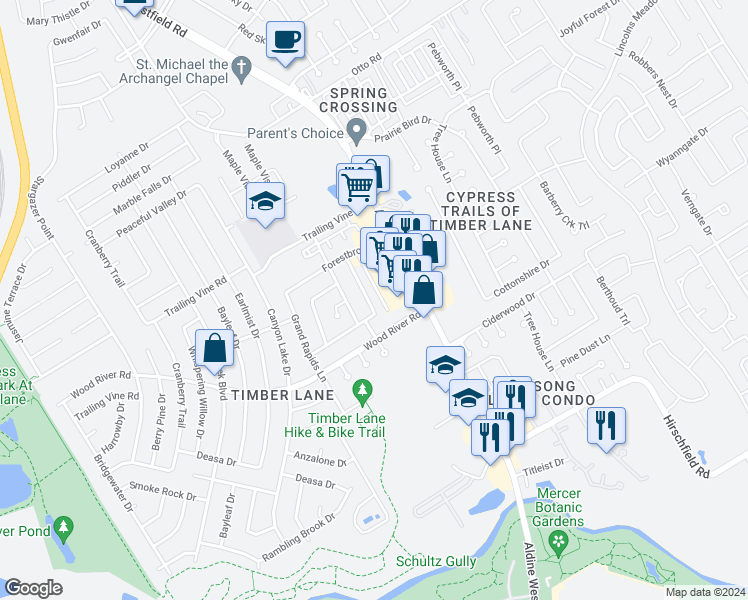 map of restaurants, bars, coffee shops, grocery stores, and more near 23214 Timberbrook Drive in Spring