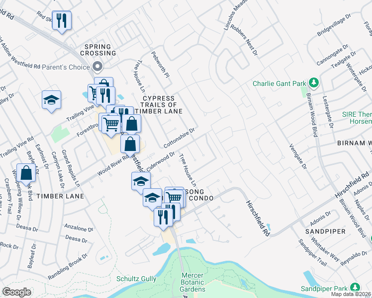 map of restaurants, bars, coffee shops, grocery stores, and more near 22919 Pine Mist Lane in Spring