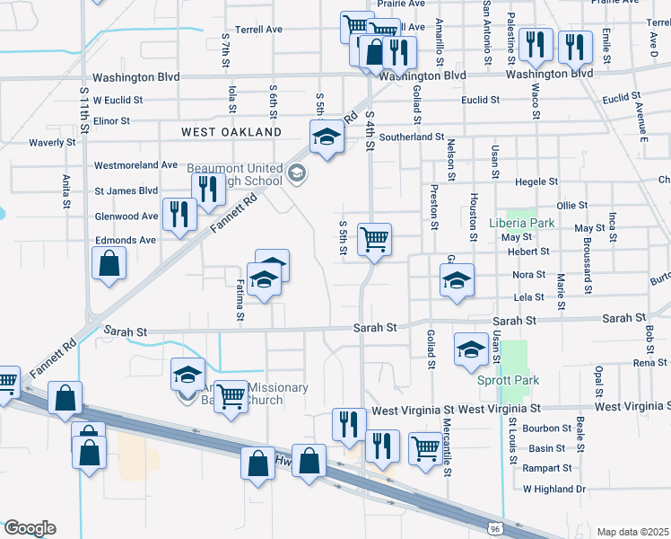 map of restaurants, bars, coffee shops, grocery stores, and more near 3045 Hebert Street in Beaumont