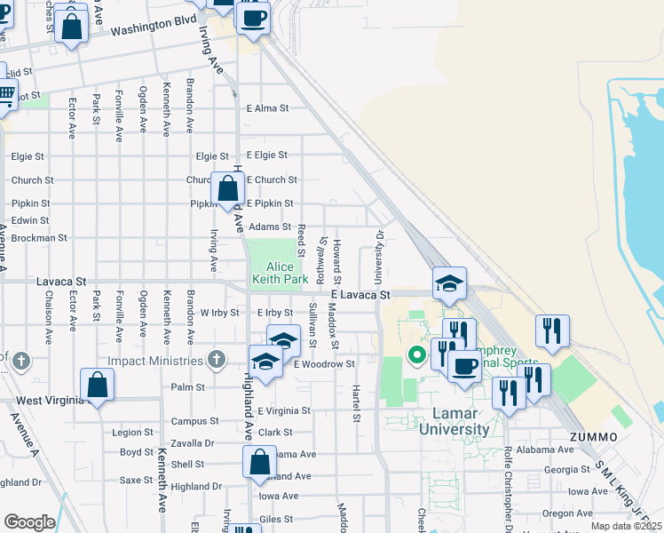 map of restaurants, bars, coffee shops, grocery stores, and more near 4010 Howard St in Beaumont