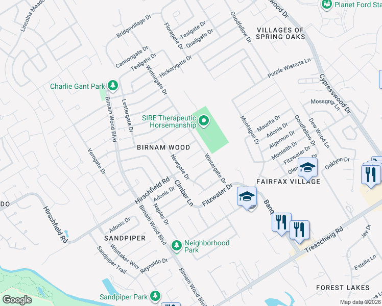 map of restaurants, bars, coffee shops, grocery stores, and more near 4523 Tylergate Drive in Spring