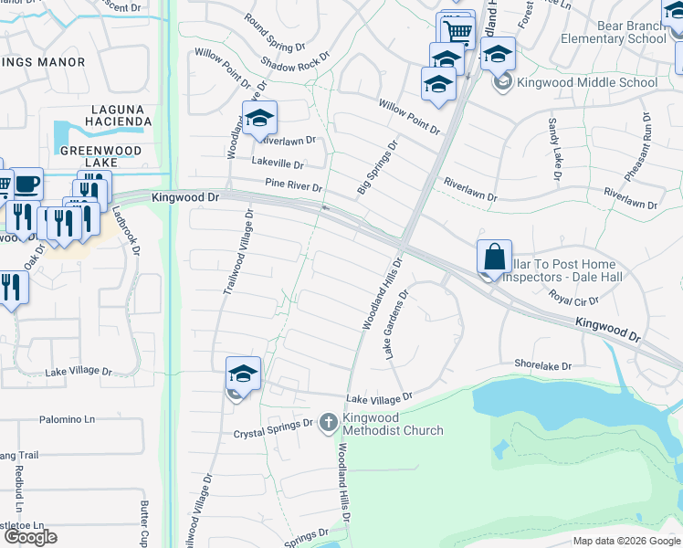 map of restaurants, bars, coffee shops, grocery stores, and more near 2206 River Falls Drive in Humble