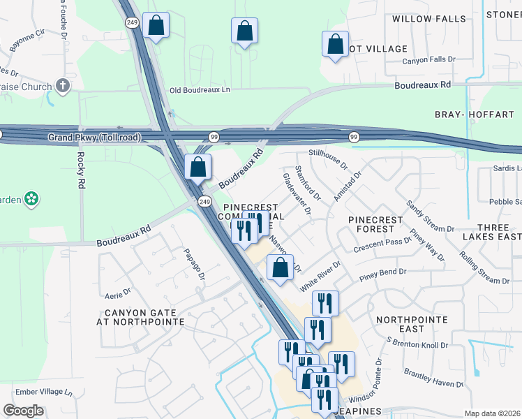 map of restaurants, bars, coffee shops, grocery stores, and more near 12275 Noco Drive in Tomball
