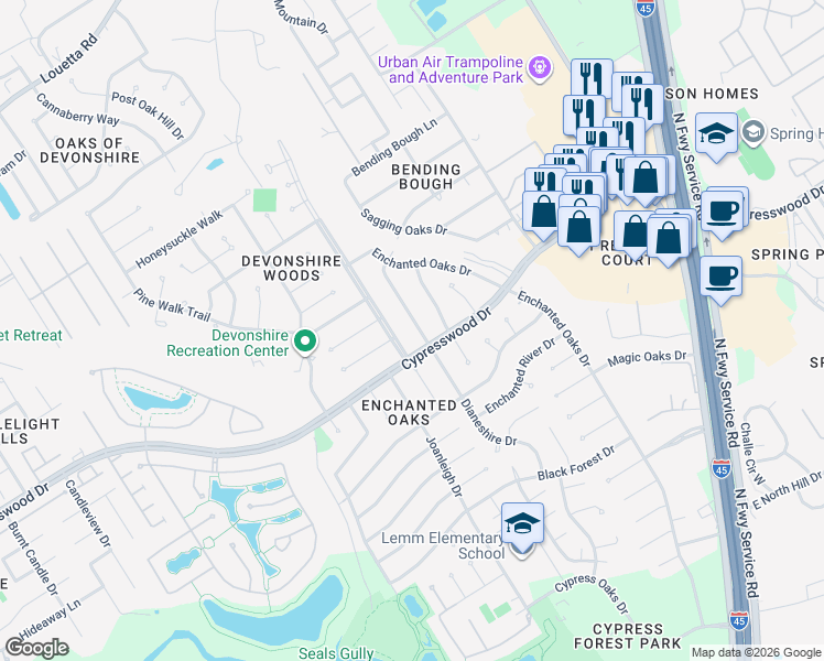 map of restaurants, bars, coffee shops, grocery stores, and more near 19515 Dianeshire Drive in Spring