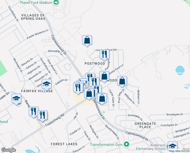 map of restaurants, bars, coffee shops, grocery stores, and more near 23118 Postwood Oaks Drive in Spring