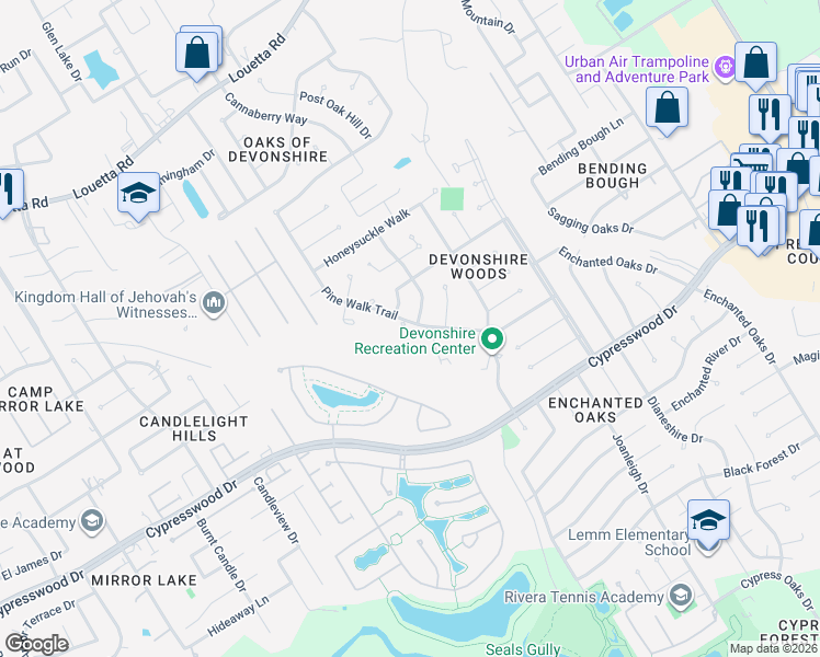 map of restaurants, bars, coffee shops, grocery stores, and more near 19606 Huckleberry Branch Court in Spring