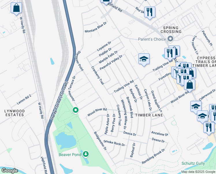 map of restaurants, bars, coffee shops, grocery stores, and more near 2307 Cades Cove Drive in Spring