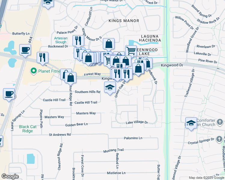 map of restaurants, bars, coffee shops, grocery stores, and more near 2401 Green Oak Drive in Humble