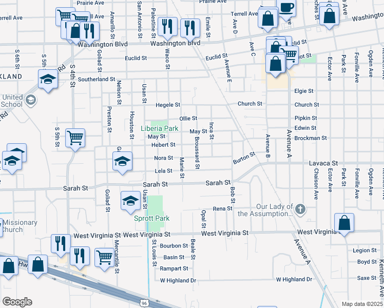 map of restaurants, bars, coffee shops, grocery stores, and more near 2040 Nora St in Beaumont