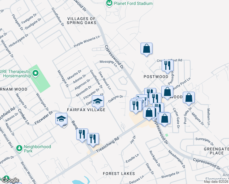 map of restaurants, bars, coffee shops, grocery stores, and more near 23110 Dew Wood Lane in Spring