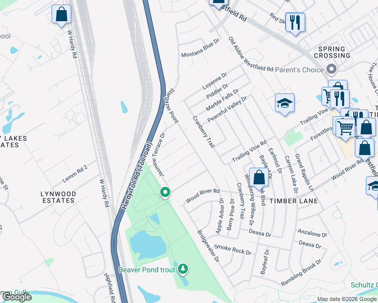 map of restaurants, bars, coffee shops, grocery stores, and more near 2135 Beacon Park Court in Spring