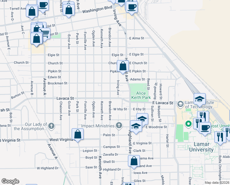 map of restaurants, bars, coffee shops, grocery stores, and more near 629 Nolan Street in Beaumont