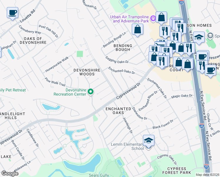 map of restaurants, bars, coffee shops, grocery stores, and more near 503 Enchanted Lane in Spring