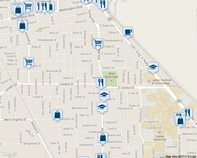 map of restaurants, bars, coffee shops, grocery stores, and more near 573 Nolan Street in Beaumont