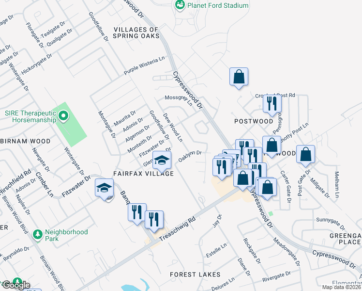 map of restaurants, bars, coffee shops, grocery stores, and more near 23119 Dew Wood Lane in Spring