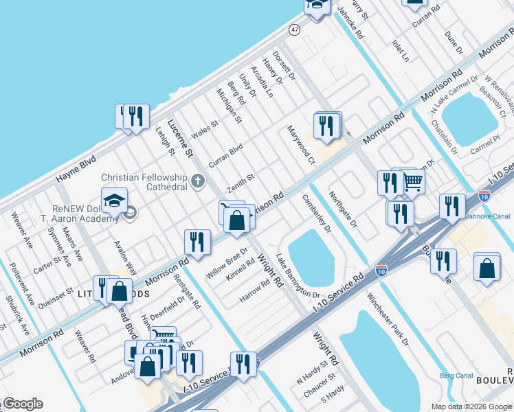 map of restaurants, bars, coffee shops, grocery stores, and more near 1120 Morrison Rd in New Orleans