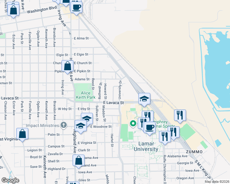 map of restaurants, bars, coffee shops, grocery stores, and more near 3995 Hartel Street in Beaumont